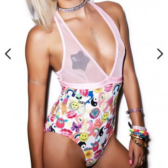 Dollskill Hot Mess Pink Mesh V Neck Swimsuit XS/S - Picture 1 of 4